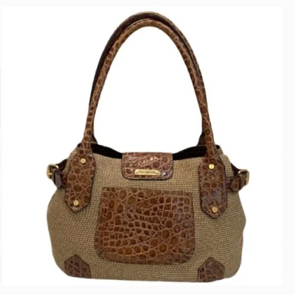 Eric Javits New York Tan Raffia & Leather Reptile Print Shoulder Bag - Picture 2 of 10